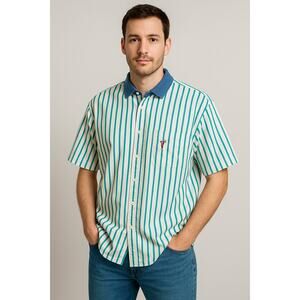 GANT Green Stripe Button Down Short Sleeve Shirt Denim Collar Large Vintage VTG